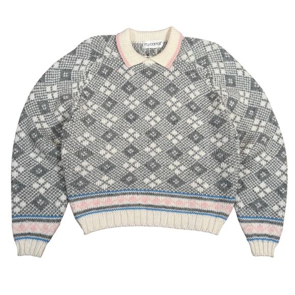 Vintage 80s Grandma Collared Sweater L Gray White Argyle Knit Pink Pastel Trim - Picture 1 of 7